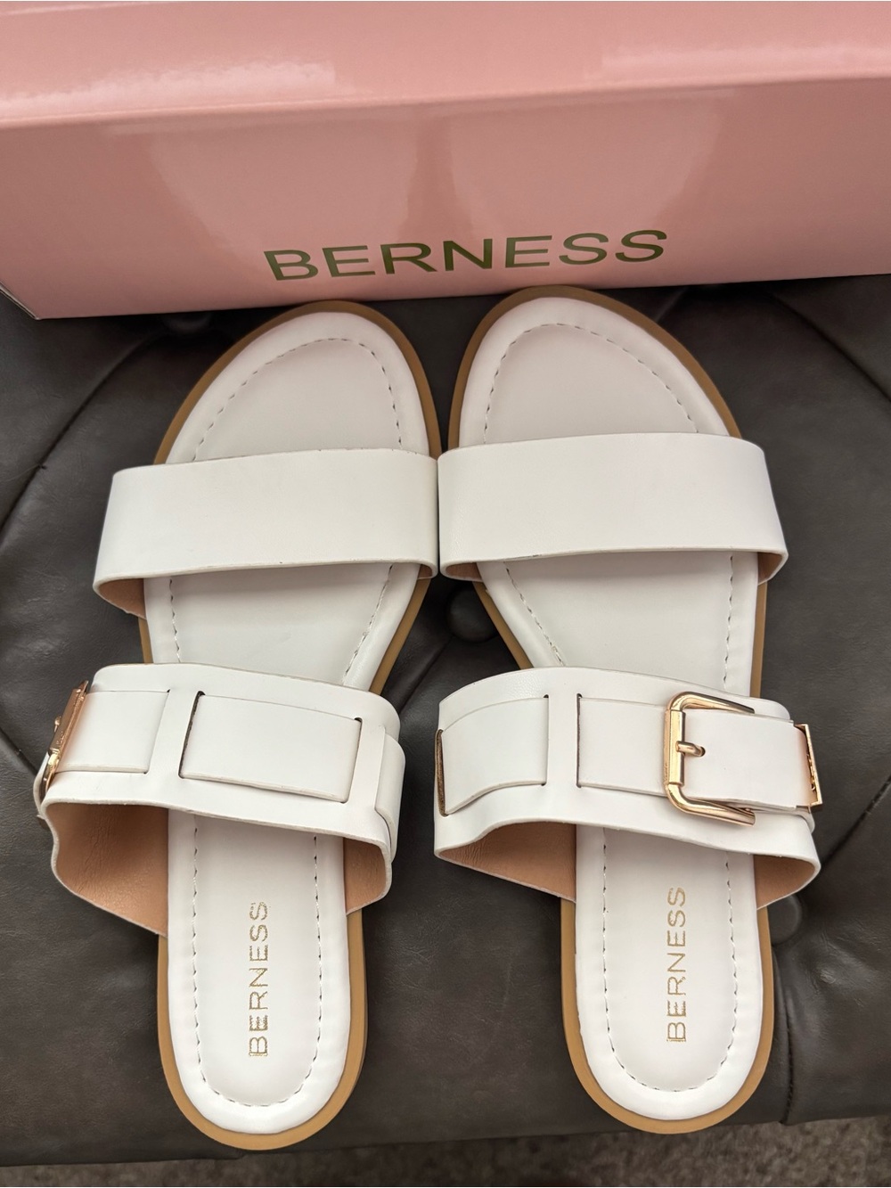 BERNESS White Slide Sandals with Gold Buckle Accent